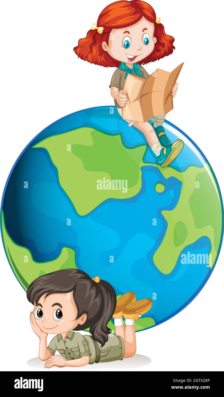 Young girl scouts infront of a globe Stock Vector