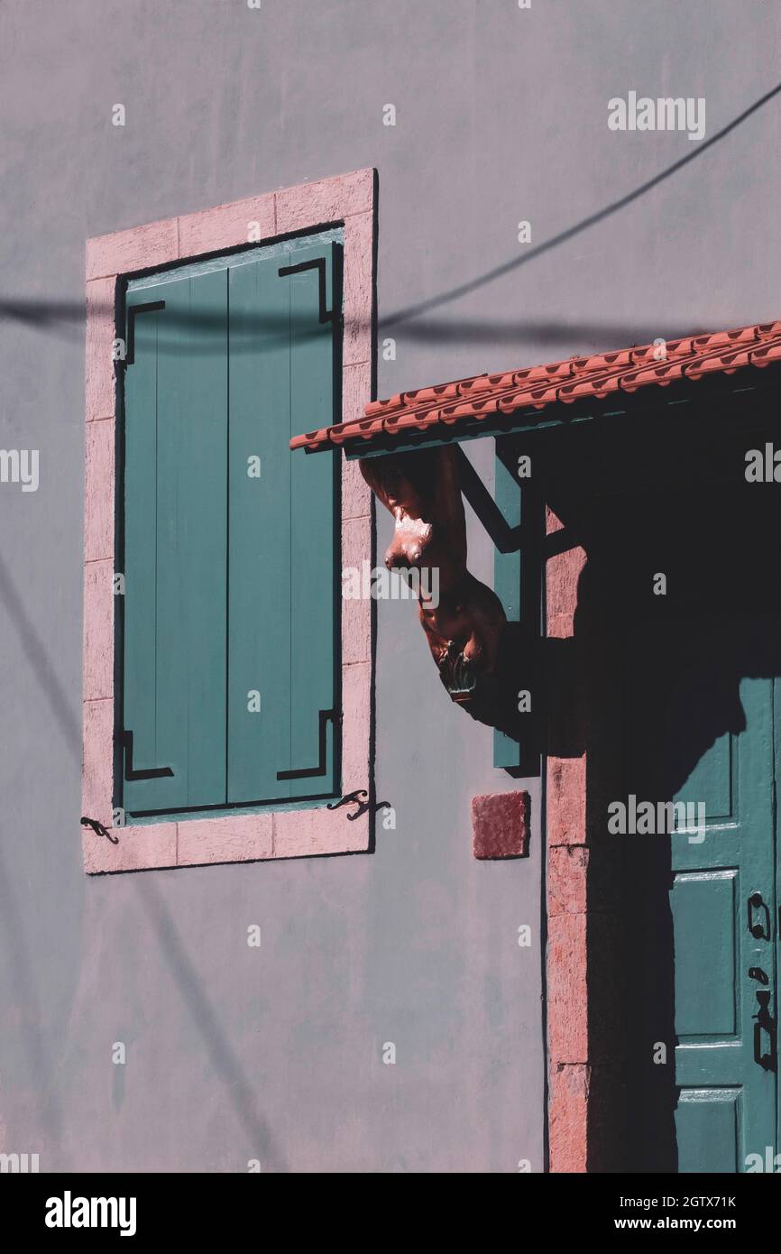 Traditional detail in blue house exterior in Galaxidi, Greece Stock