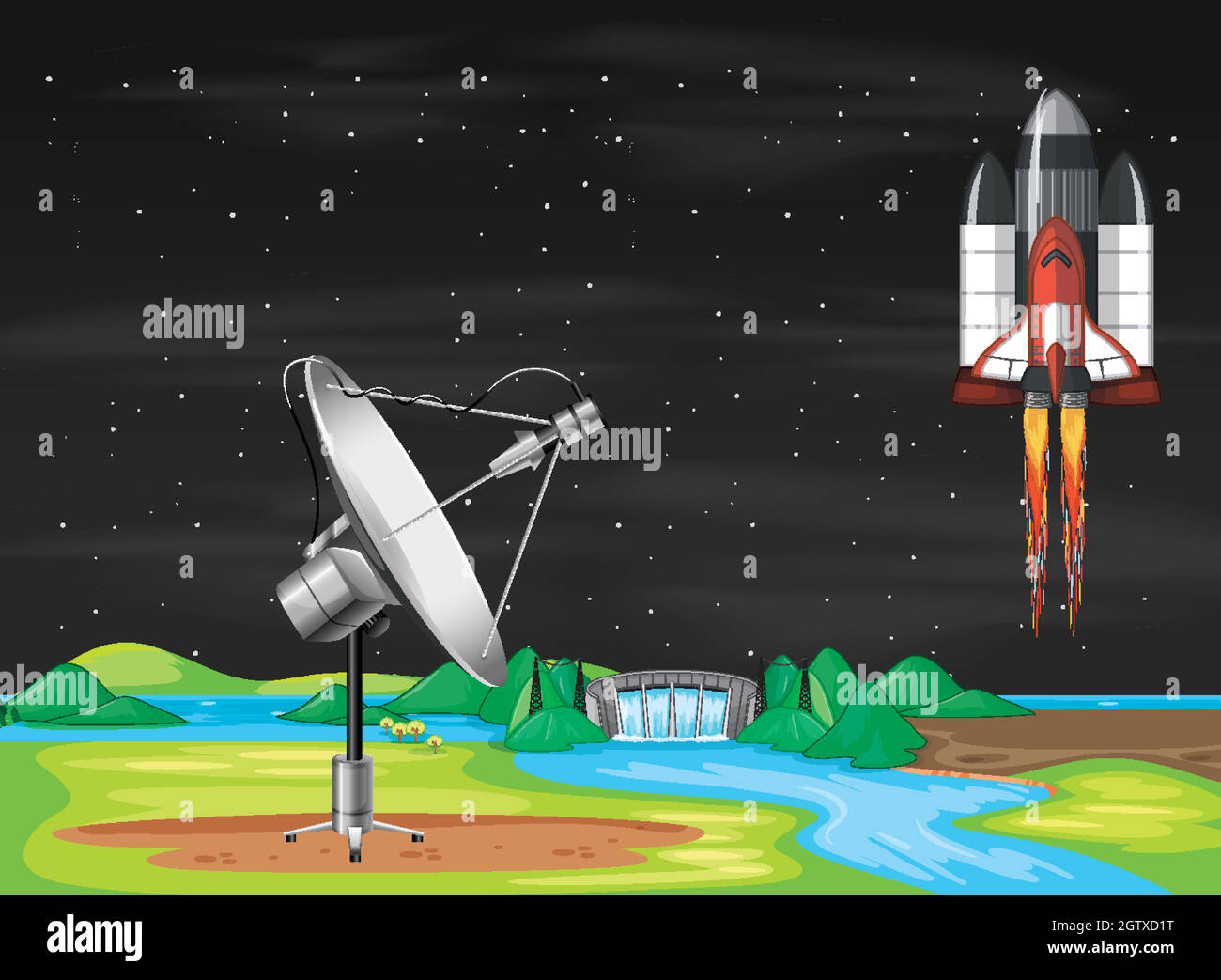 Scene with spaceship flying in the sky Stock Vector