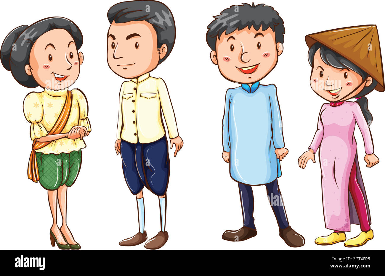 Simple coloured sketches of the Asian people Stock Vector