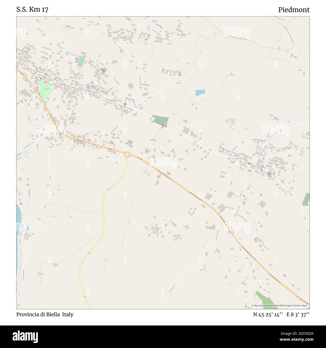 S.S. Km 17, Provincia di Biella, Italy, Piedmont, N 45 25' 14'', E 8 3' 37'', map, Timeless Map published in 2021. Travelers, explorers and adventurers like Florence Nightingale, David Livingstone, Ernest Shackleton, Lewis and Clark and Sherlock Holmes relied on maps to plan travels to the world's most remote corners, Timeless Maps is mapping most locations on the globe, showing the achievement of great dreams Stock Photo