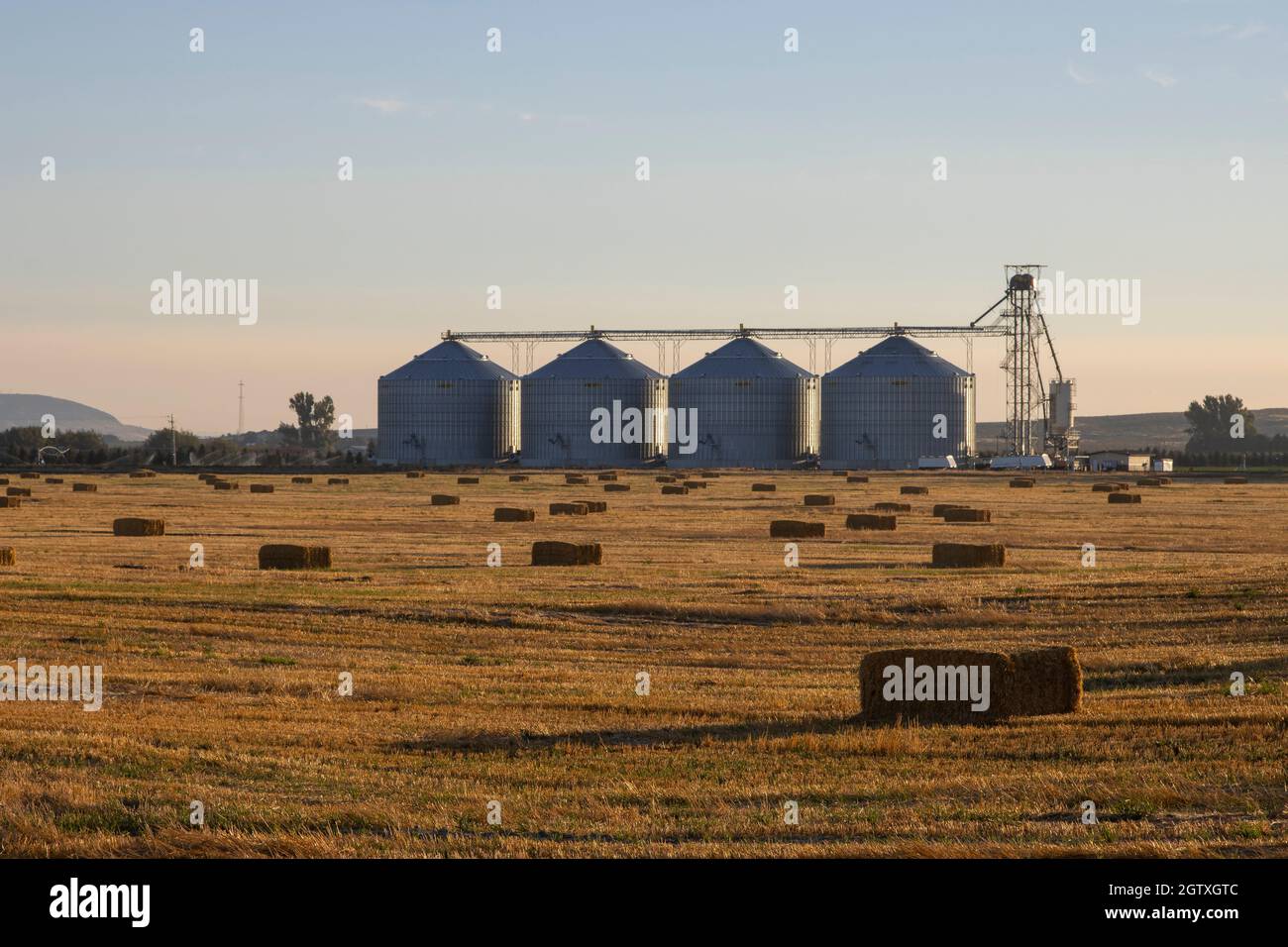 Idaho farm and ranch land with hale bales and silos Stock Photo
