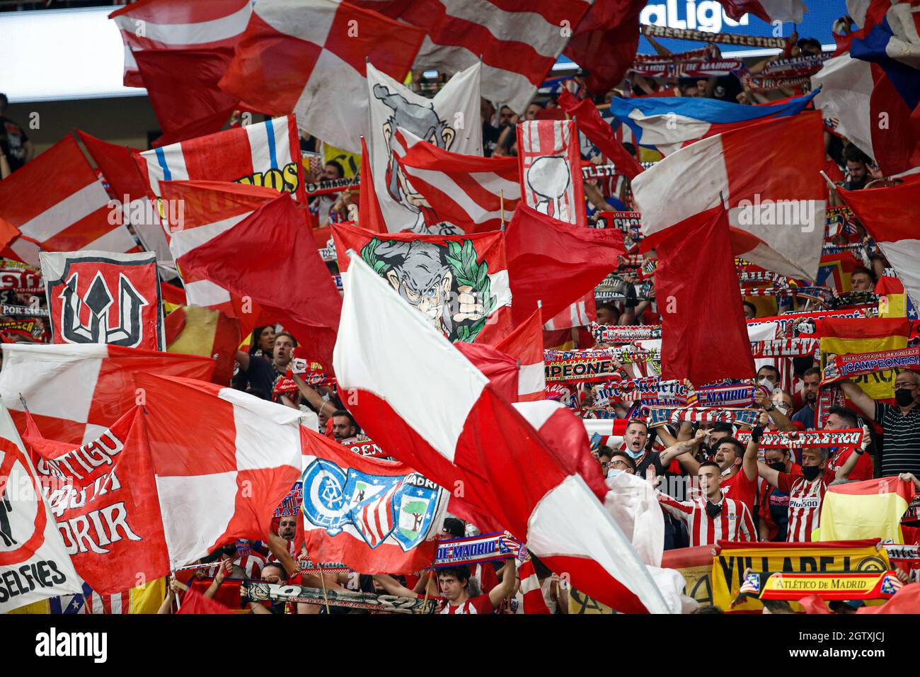 Suporters during the La Liga match between Atletico de Madrid and FC Barcelona at Wanda Metropolitano Stadium in Madrid, Spain. Stock Photo