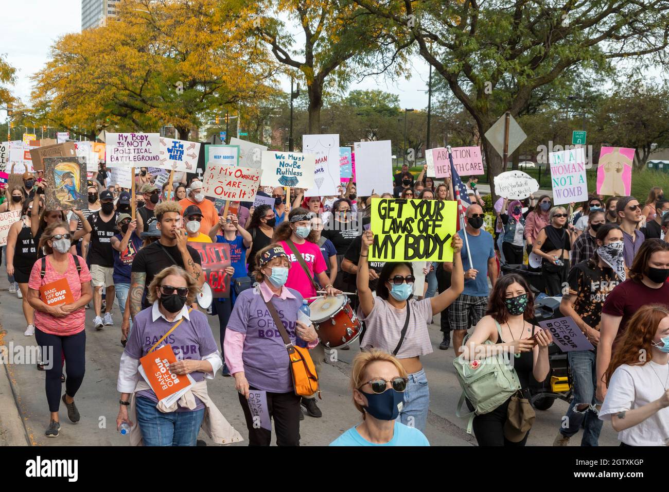 Detroit, Michigan, USA. 2nd Oct, 2021. Women and male supporters rally and march for the right to legal abortions. It was one of hundreds of rallies across the country two days before the Supreme Court begins its new term, where it will again consider the abortion issue. Credit: Jim West/Alamy Live News Stock Photo