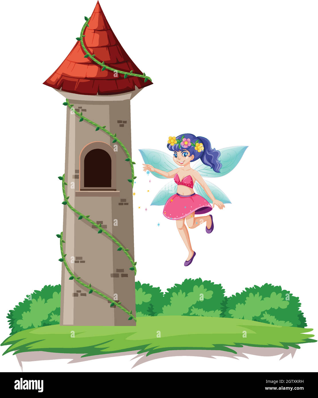 Fairy tale and castle tower cartoon style on rainbow sky background