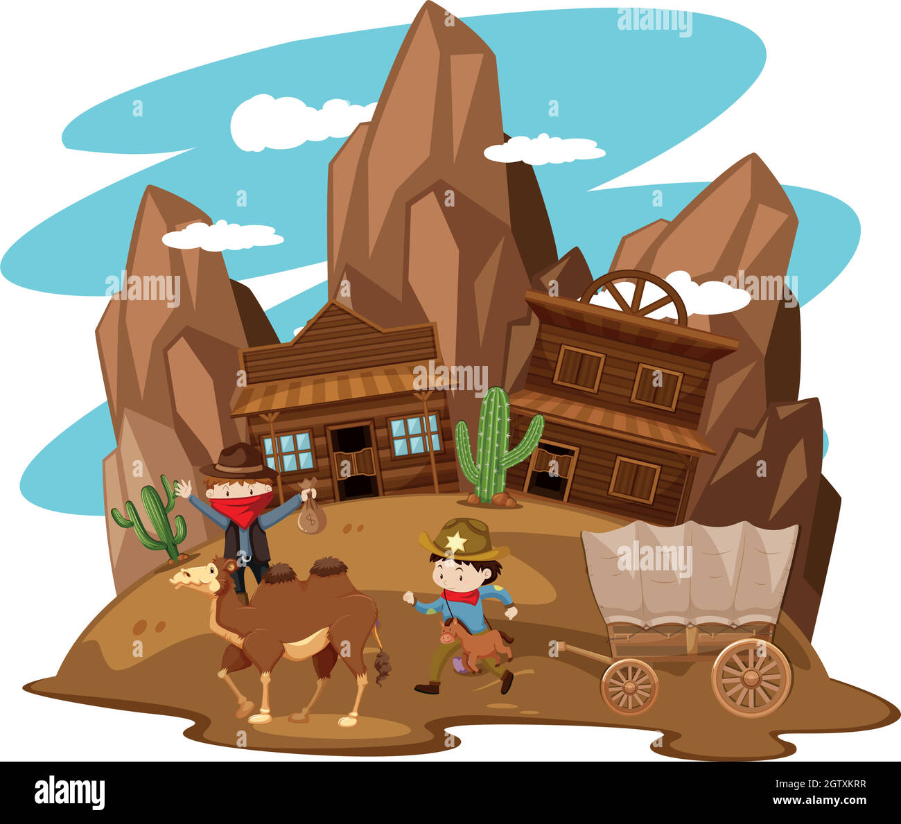 Kids playing cowboy in western town Stock Vector