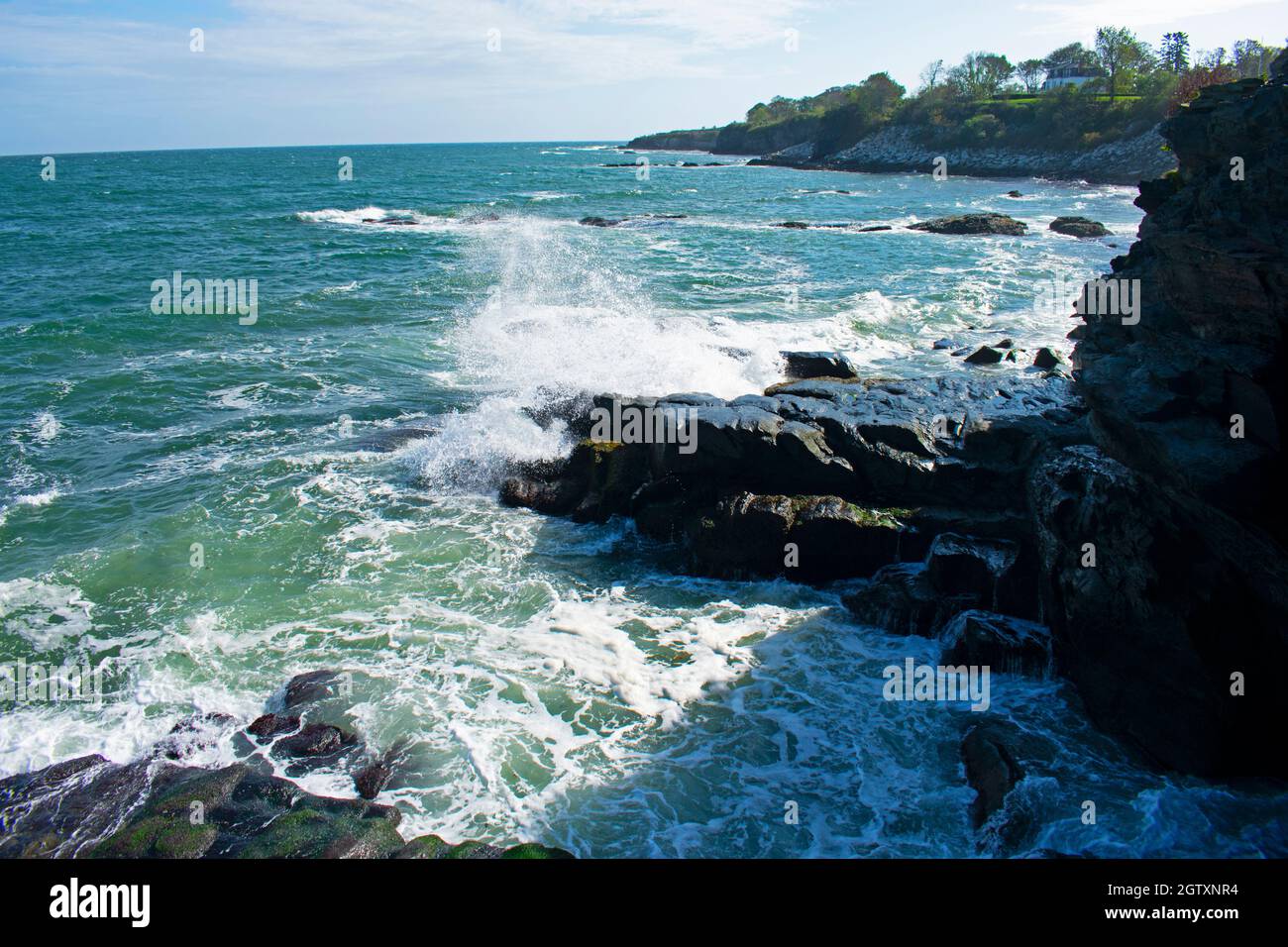 Ocean waves crashing into rocky shore at Newport, Rhode Island -01 Stock Photo