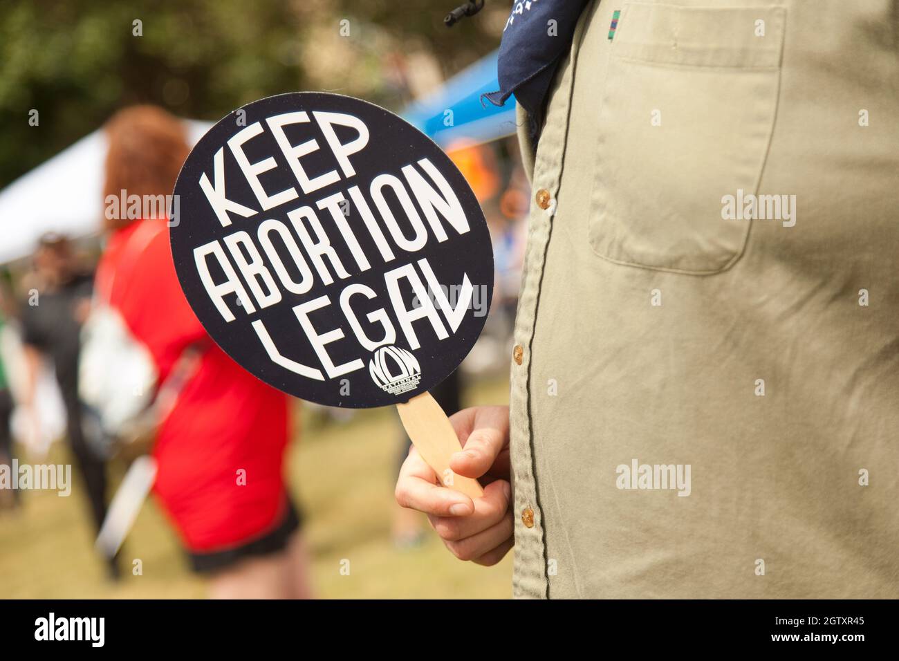 Dallas, Texas, USA. 2nd Oct, 2021. A protester holds up a sign at the Dallas Reproductive Liberation March at Main Street Garden. The rally and protest are being held due to the recent ban on abortions in Texas and what could follow in many other states. (Credit Image: © Leslie Spurlock/ZUMA Press Wire) Stock Photo