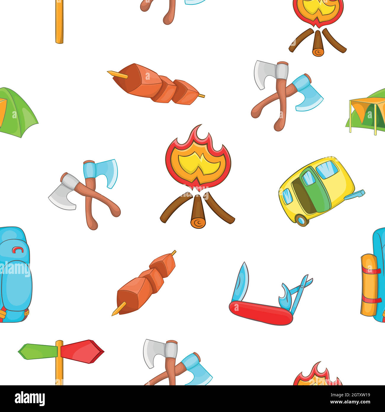 Campground pattern, cartoon style Stock Vector