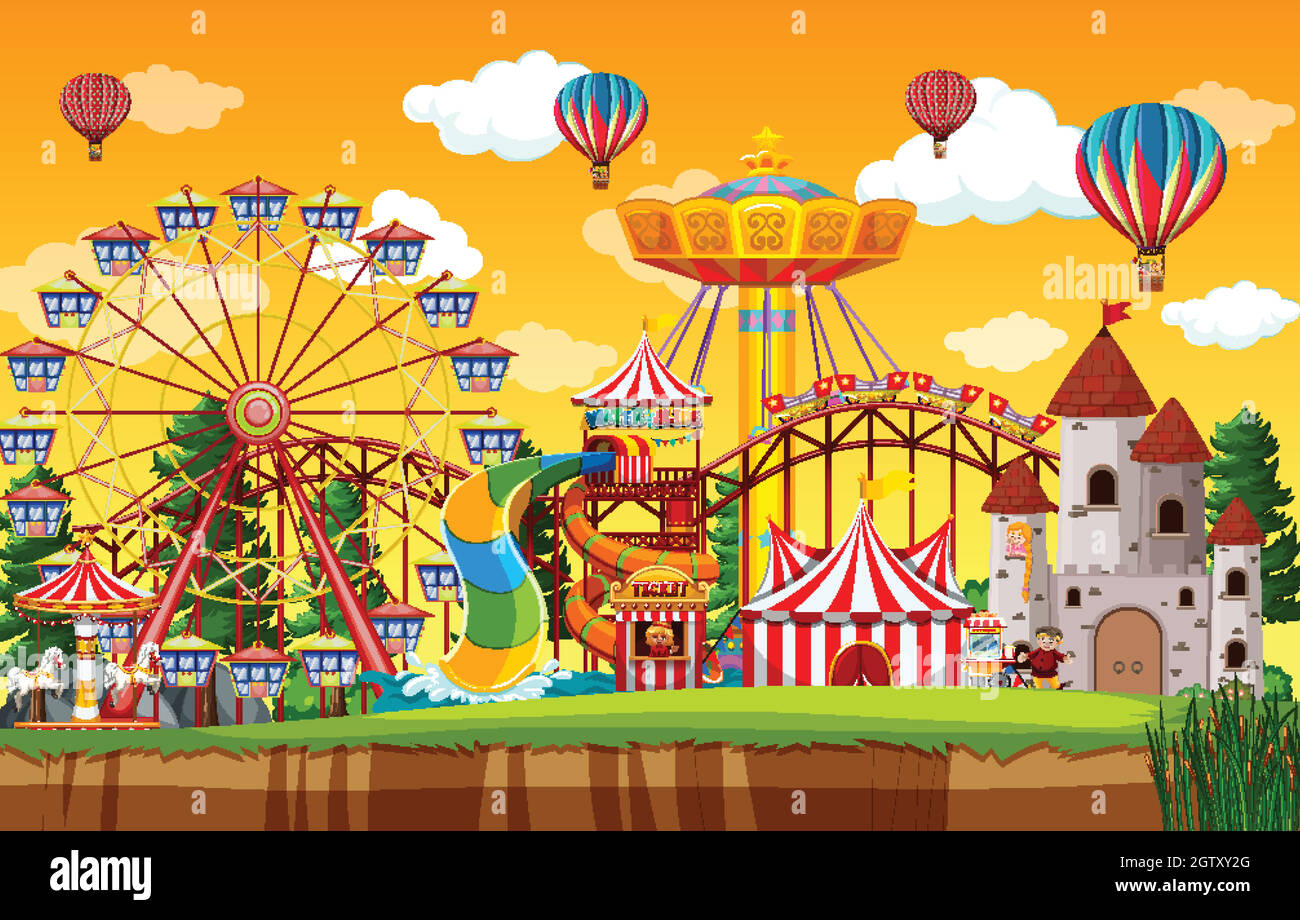 Amusement park scene at daytime with balloons in the sky Stock Vector ...