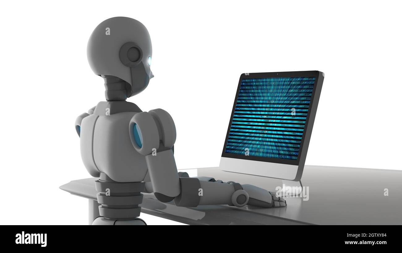 Close-up Of Robot Using Computer On Table Against White Background ...