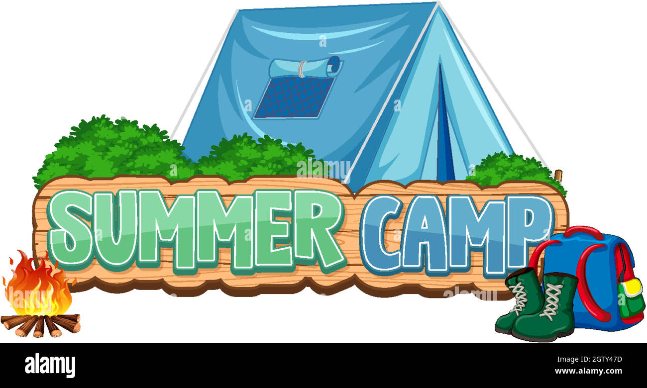 Font design for word summer camp with blue tent in background Stock Vector
