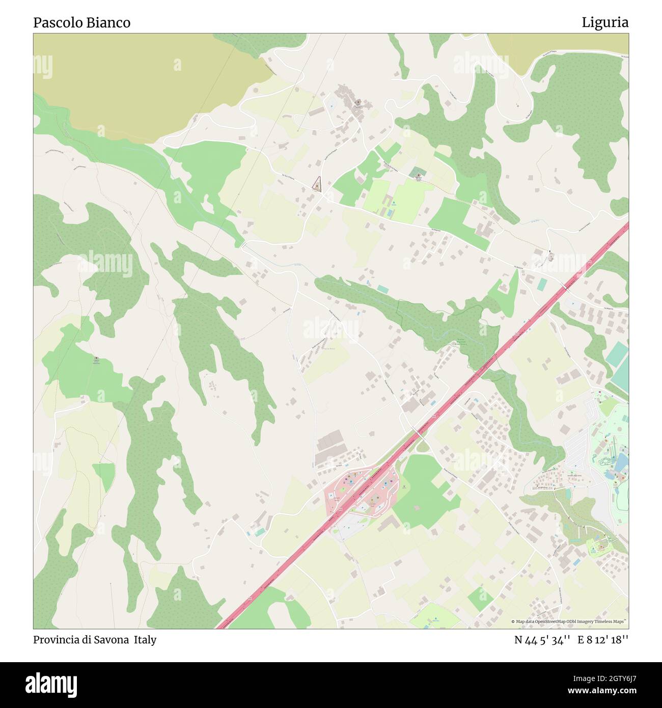 Pascolo Bianco, Provincia di Savona, Italy, Liguria, N 44 5' 34'', E 8 12' 18'', map, Timeless Map published in 2021. Travelers, explorers and adventurers like Florence Nightingale, David Livingstone, Ernest Shackleton, Lewis and Clark and Sherlock Holmes relied on maps to plan travels to the world's most remote corners, Timeless Maps is mapping most locations on the globe, showing the achievement of great dreams Stock Photo