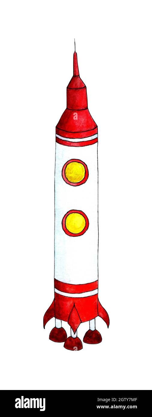Red Rockets Or Shell Drawing Watercolor illustration of a white and red rocket with two portholes ...