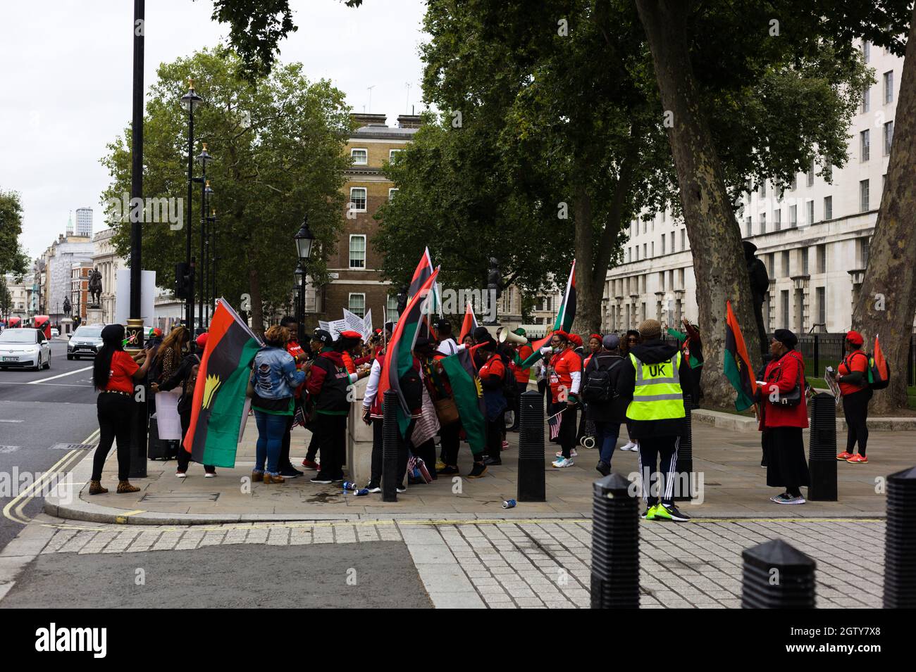 London, Britain. 30th Sep, 2021. Biafran Protest group (IPOB) Indigenous Peoples of Biafra protest in Whitehall campaign for  the release of a British Stock Photo