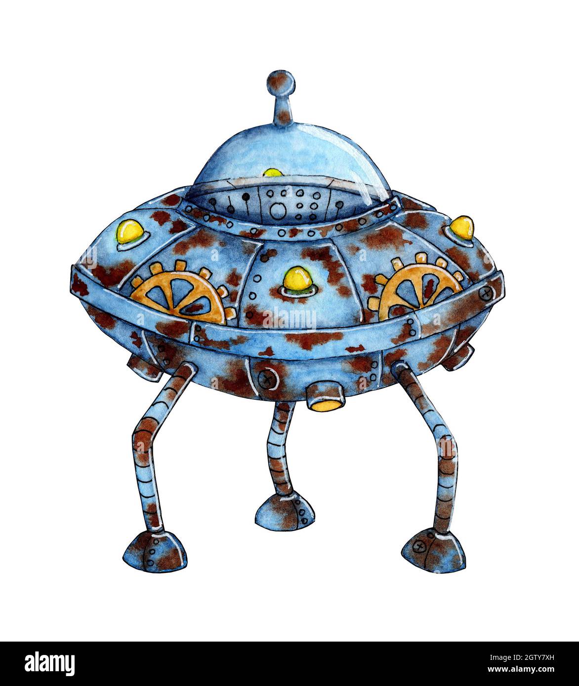 Watercolor illustration of UFO, alien spaceship with alien visitors