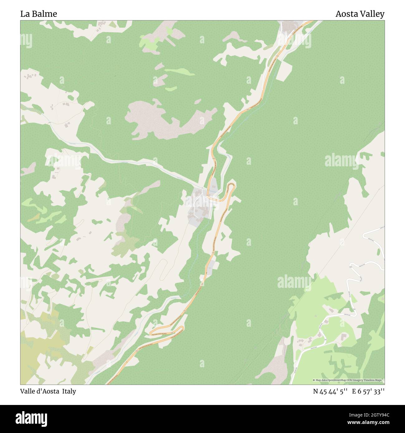 La Balme, Valle d'Aosta, Italy, Aosta Valley, N 45 44' 5'', E 6 57' 33'', map, Timeless Map published in 2021. Travelers, explorers and adventurers like Florence Nightingale, David Livingstone, Ernest Shackleton, Lewis and Clark and Sherlock Holmes relied on maps to plan travels to the world's most remote corners, Timeless Maps is mapping most locations on the globe, showing the achievement of great dreams Stock Photo
