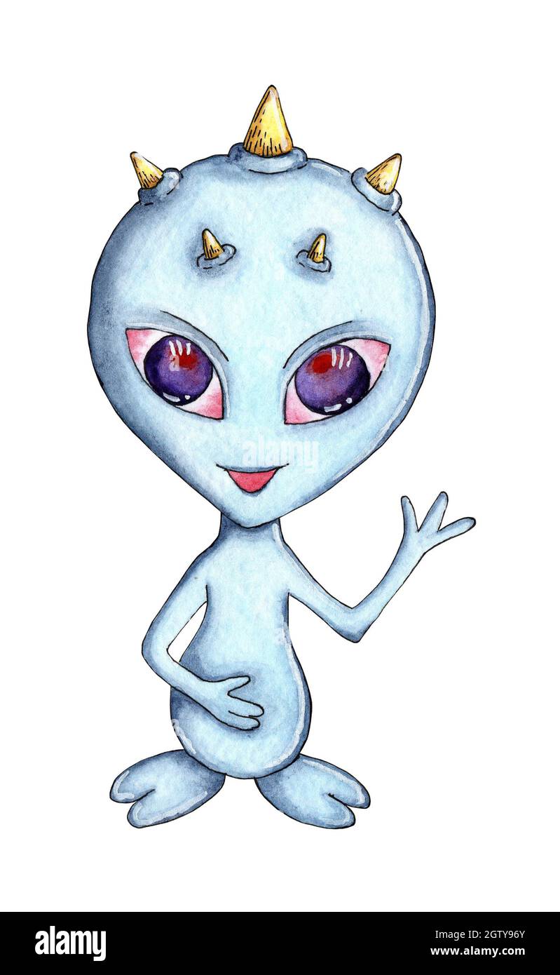 Childish watercolor illustration of a cute blue alien with large purple eyes and five horns on his head. Design for childrens book, holiday decoration Stock Photo