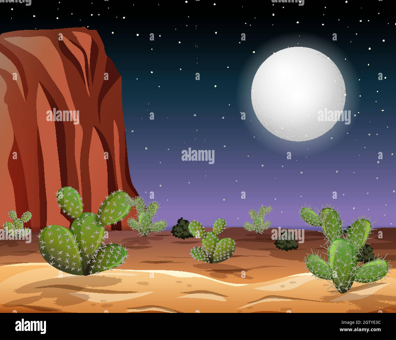 Desert with rock mountains and cactus landscape at night scene Stock ...