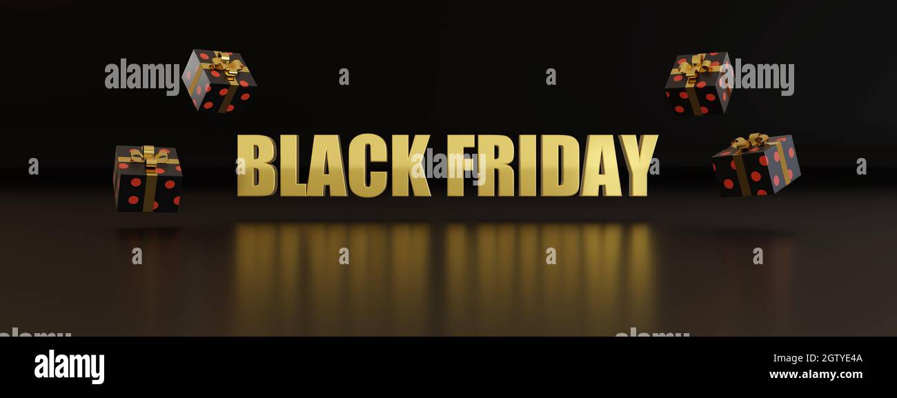 Golden Black Friday text and gift boxes on dark background. 3d illustration. Stock Photo