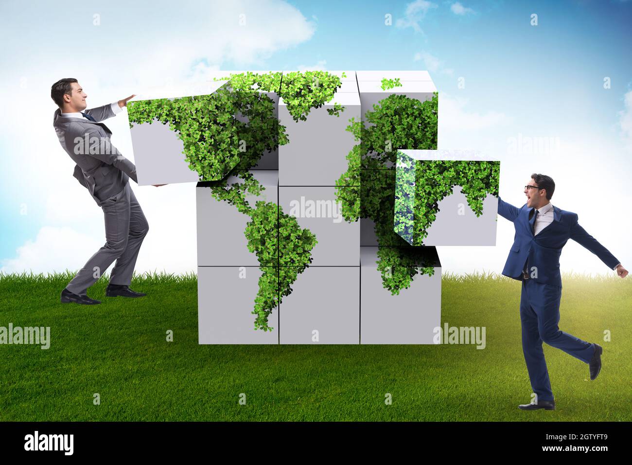 Businessman building world map from the cubes Stock Photo - Alamy