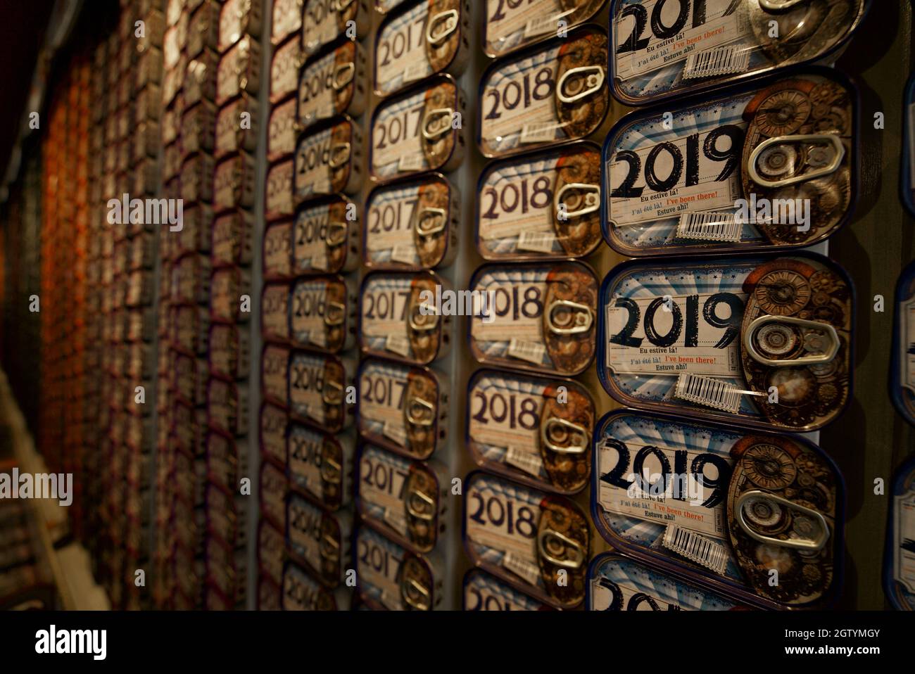 The Fantastic World of Portuguese Sardines shop. Tinned sardines for sale 'Mundo Fantástico das Conservas Portuguesa', sardinha enlatada dated 2019. Stock Photo