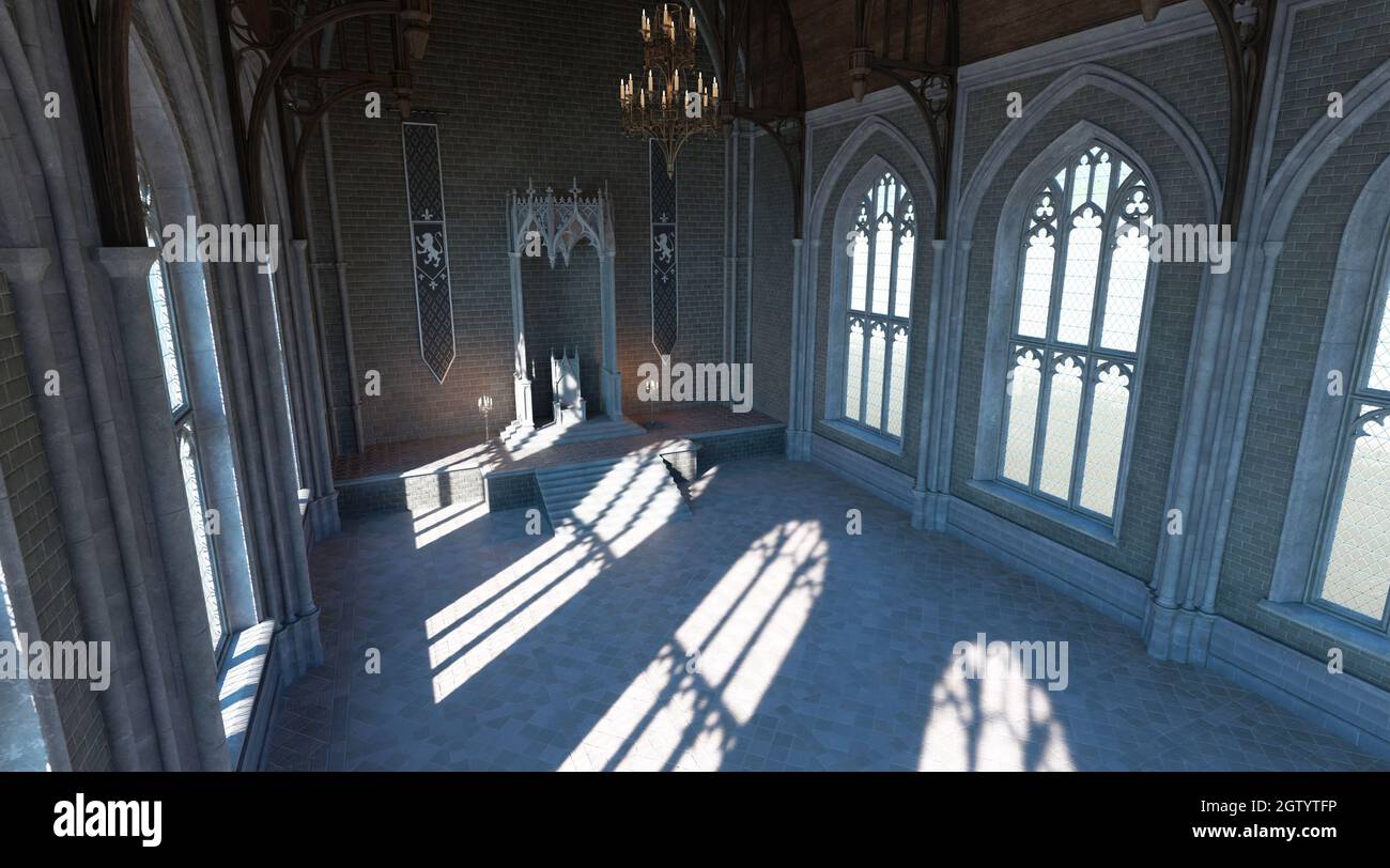 3D illustration fantasy medieval throne room in the castle Stock Photo -  Alamy