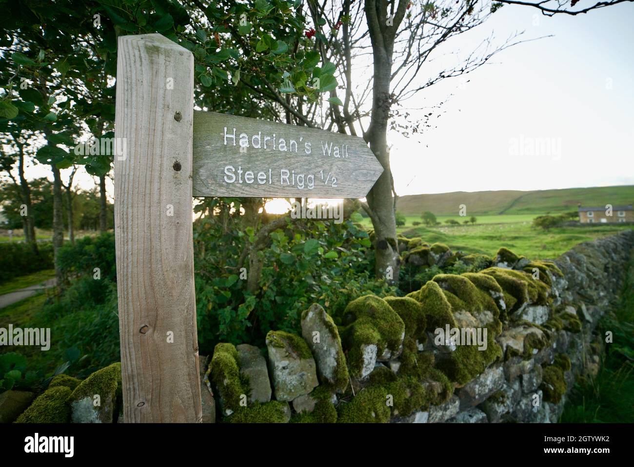 An English public footpath sign pointing to Hadrians Wall and Steel Rigg, Northumberland. Stock Photo
