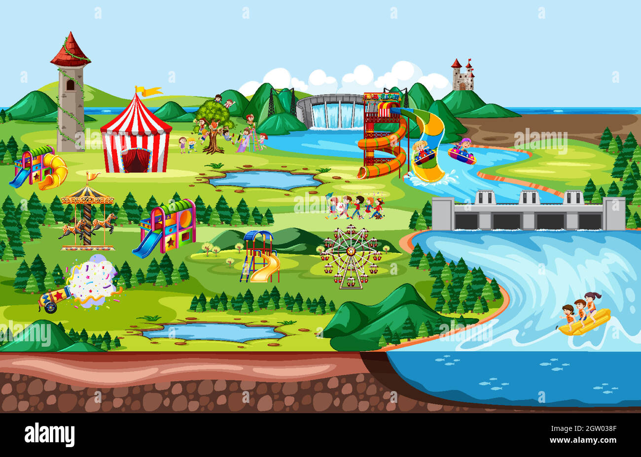 Amusement park with carnivals and many rides landscape scene Stock ...