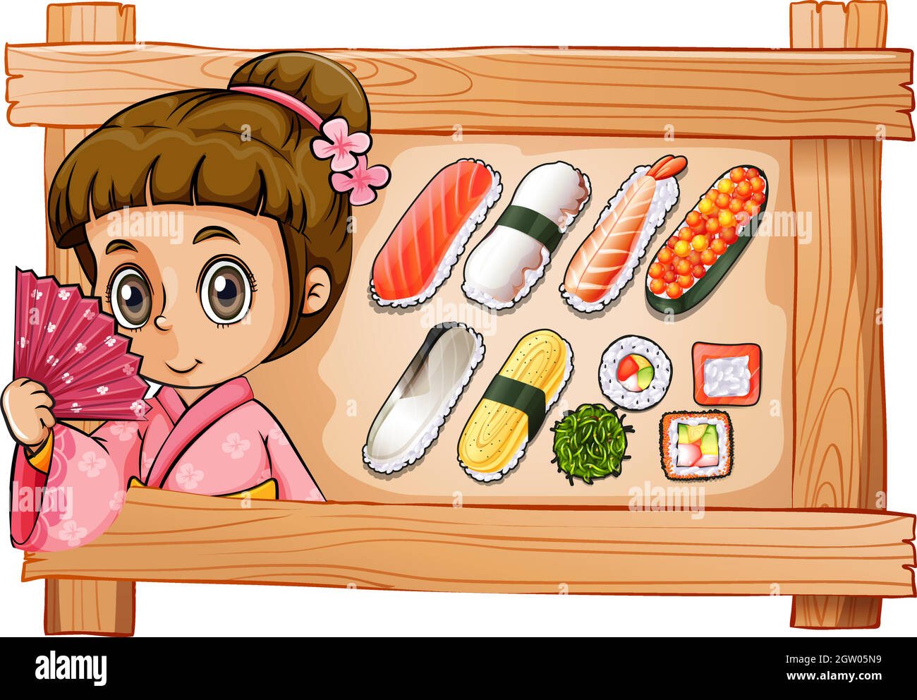 A frame with a girl and the different flavors of sushi Stock Vector