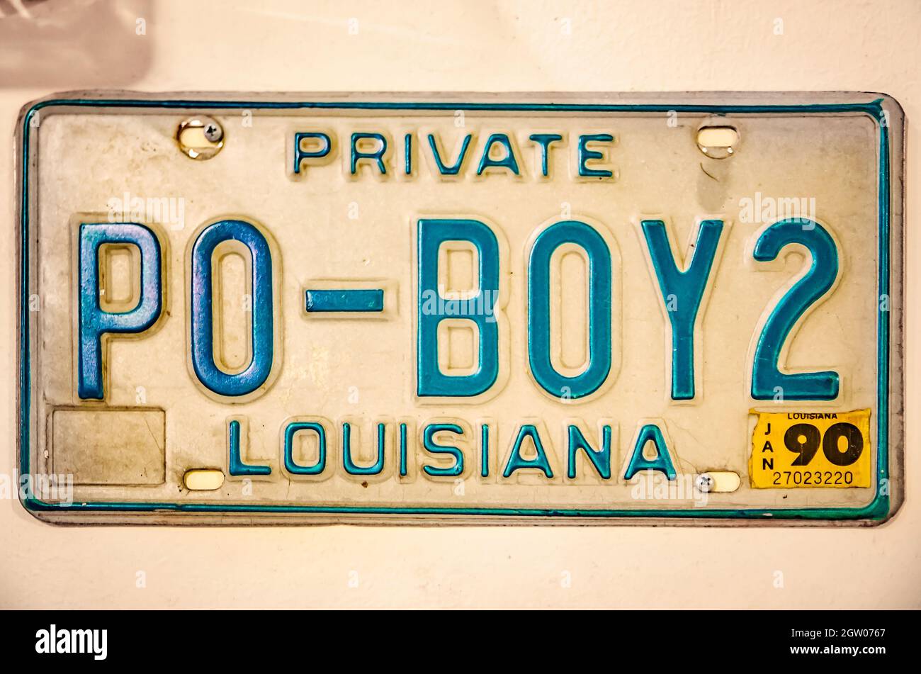 A personalized license plate spells out PO-BOY2 at Parkway Tavern & Bakery, November 12, 2015, in New Orleans, Louisiana. Stock Photo