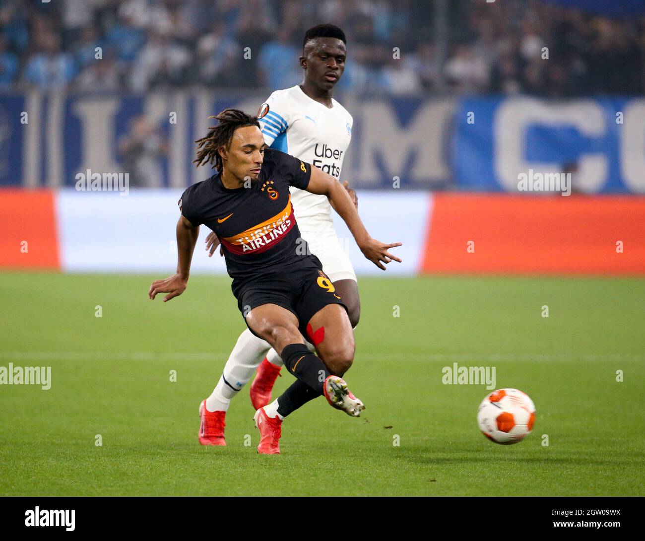 sacha boey of galatasaray bamba dieng of marseille during the uefa europa league group e football match between olympique de marseille om and galatasaray sk on september 30 2021 at stade velodrome
