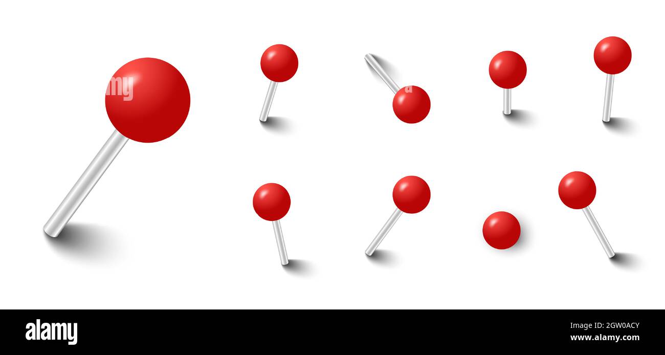 Red push pins. Pinned office thumbtack. Vector pushpin attach