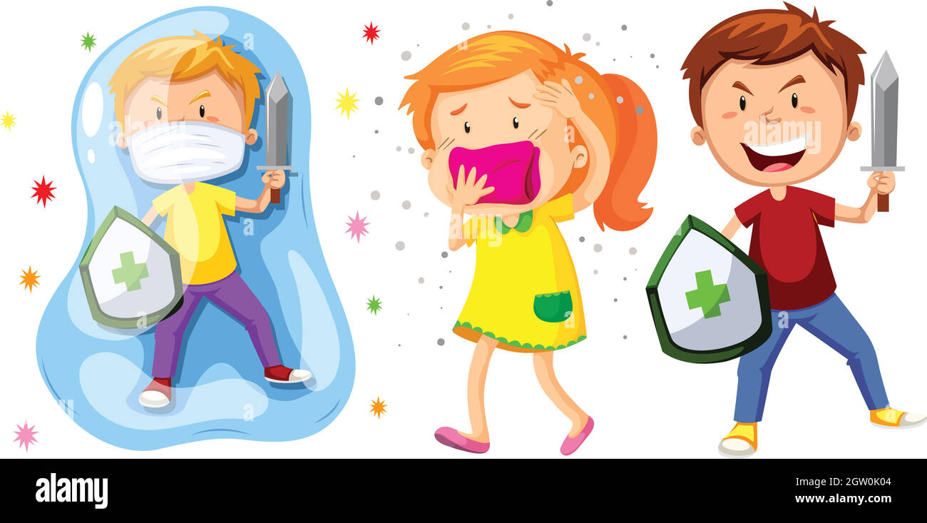 Children with shield and sword fighting germs Stock Vector