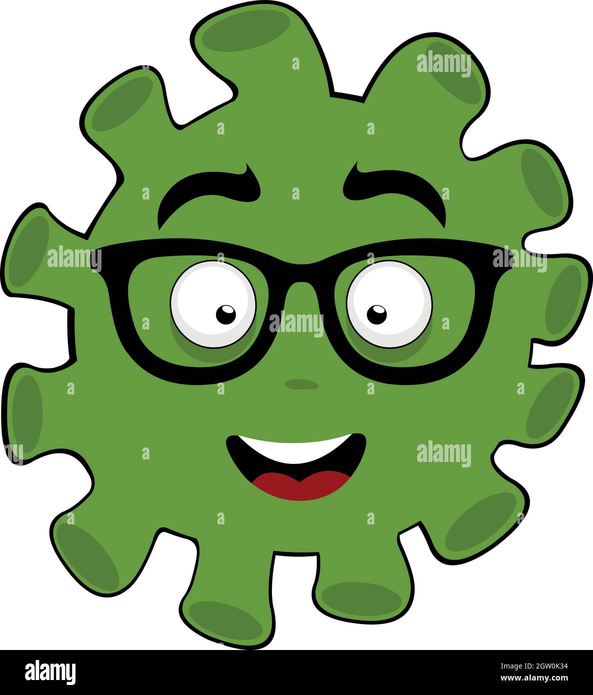 Vector emoticon illustration of virus, microbe or bacteria cartoon character with nerd glasses Stock Vector