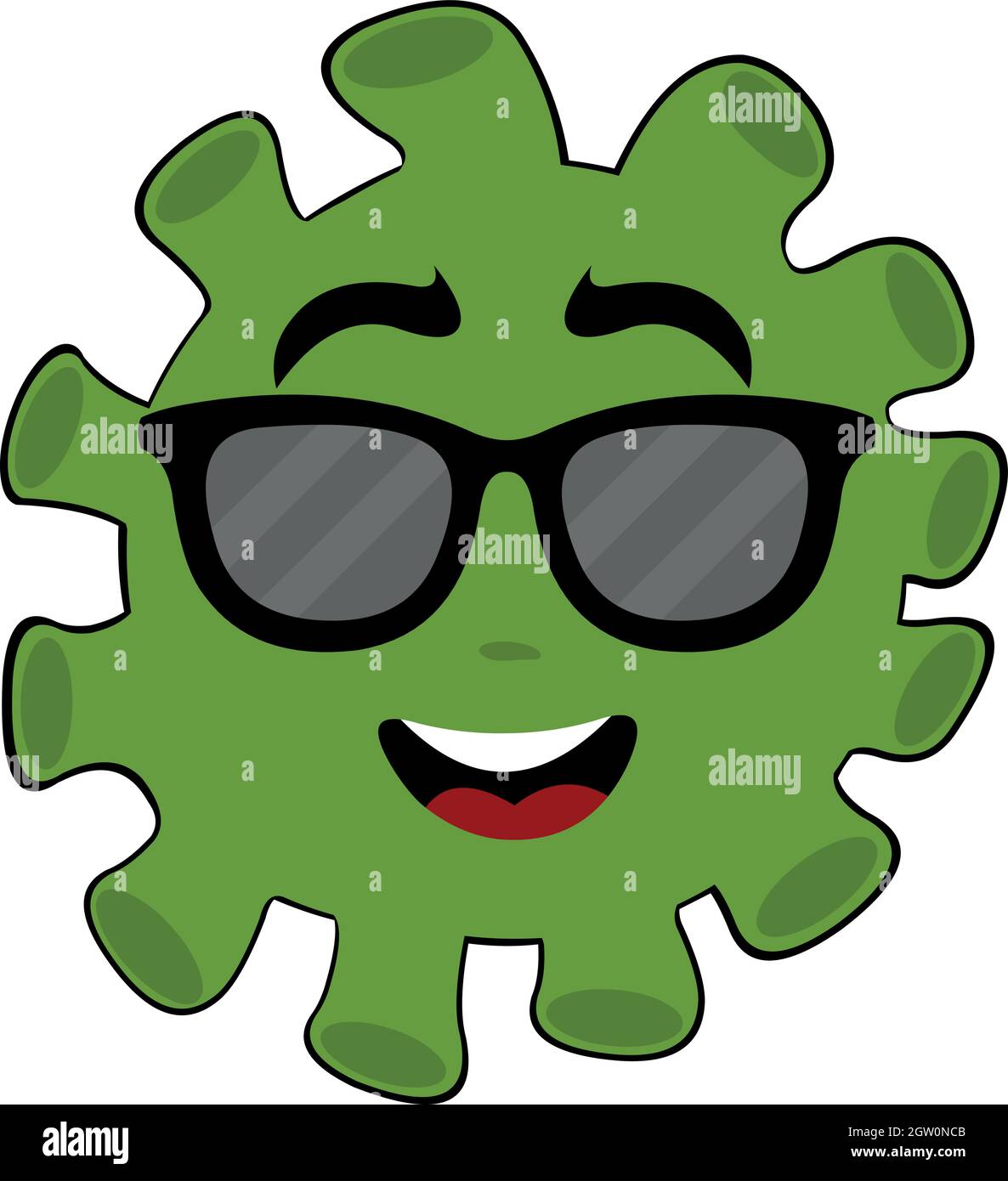 Vector illustration of cartoon bacteria, virus or microbe emoticon with sunglasses Stock Vector