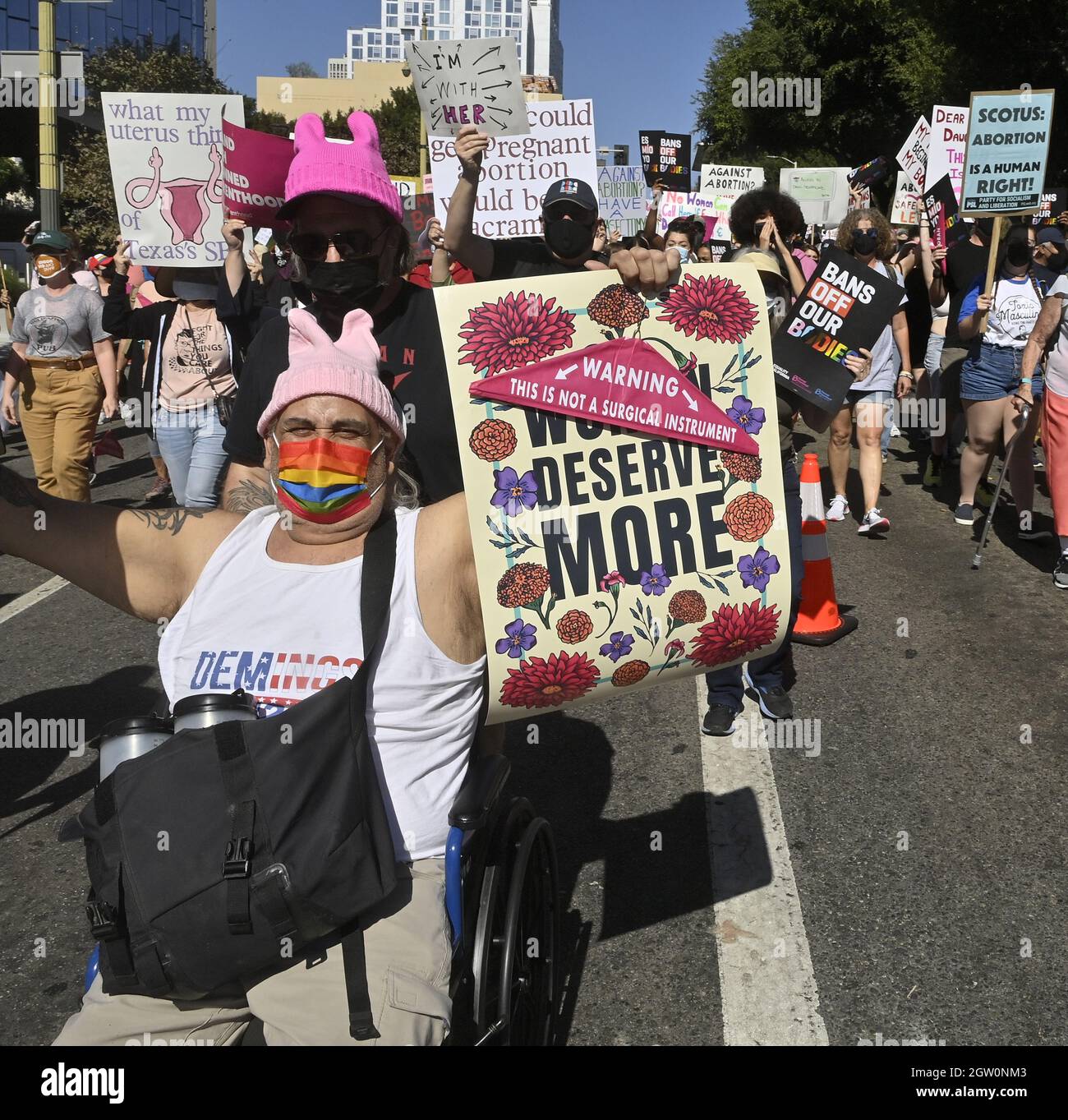 Los Angeles, United States. 02nd Oct, 2021. Thousands of people take to the streets in downtown Los Angeles and other locations around the Southland today to support reproductive rights, part of a nationwide series of demonstrations against Texas' near-total abortion ban on Saturday, October 1, 2021. The Women's March Foundation held its official march in Washington, DC, with more than 600 'sister marches' planned nationally. Photo by Jim Ruymen/UPI Credit: UPI/Alamy Live News Stock Photo