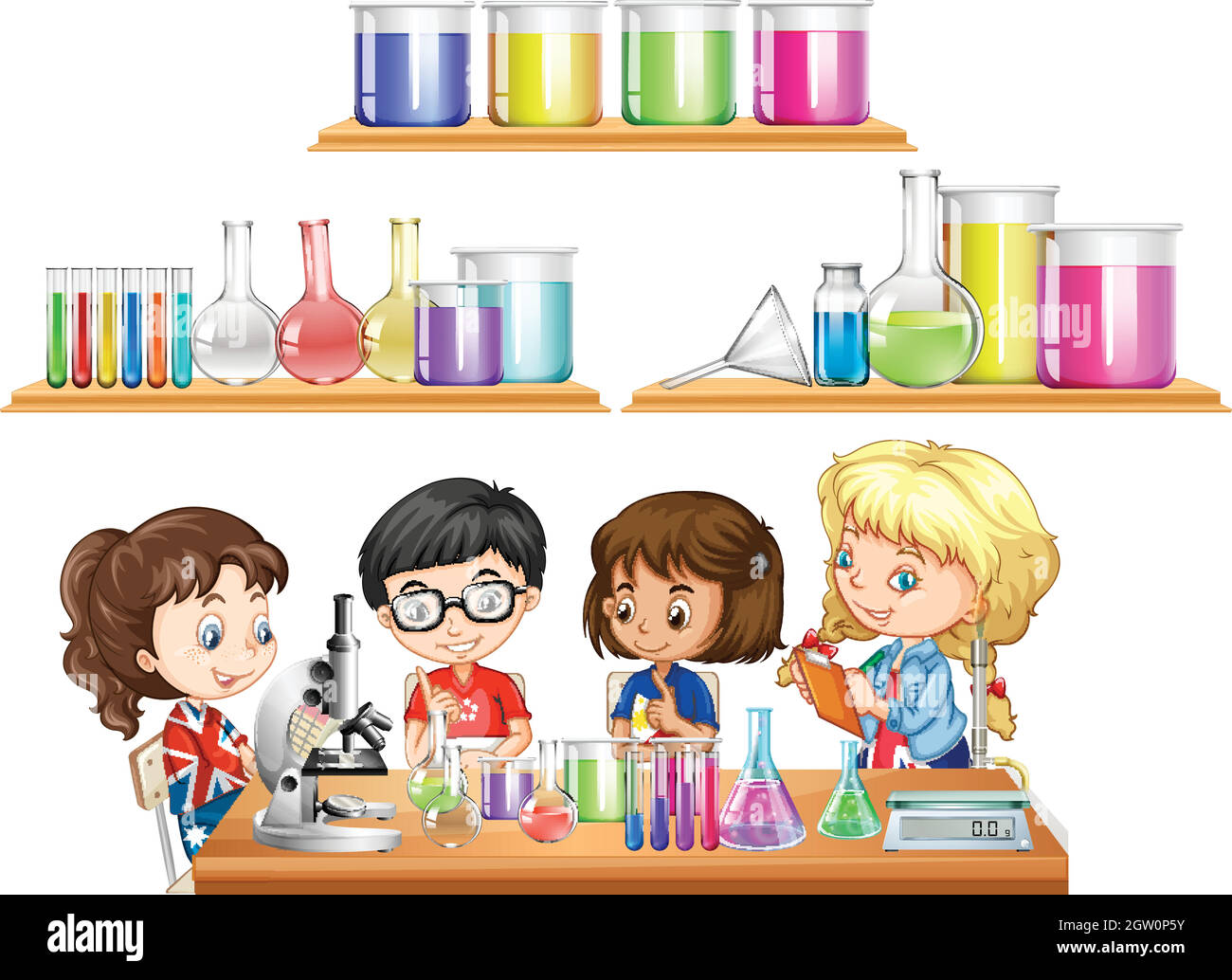 Kids doing science experiment and set of beakers Stock Vector