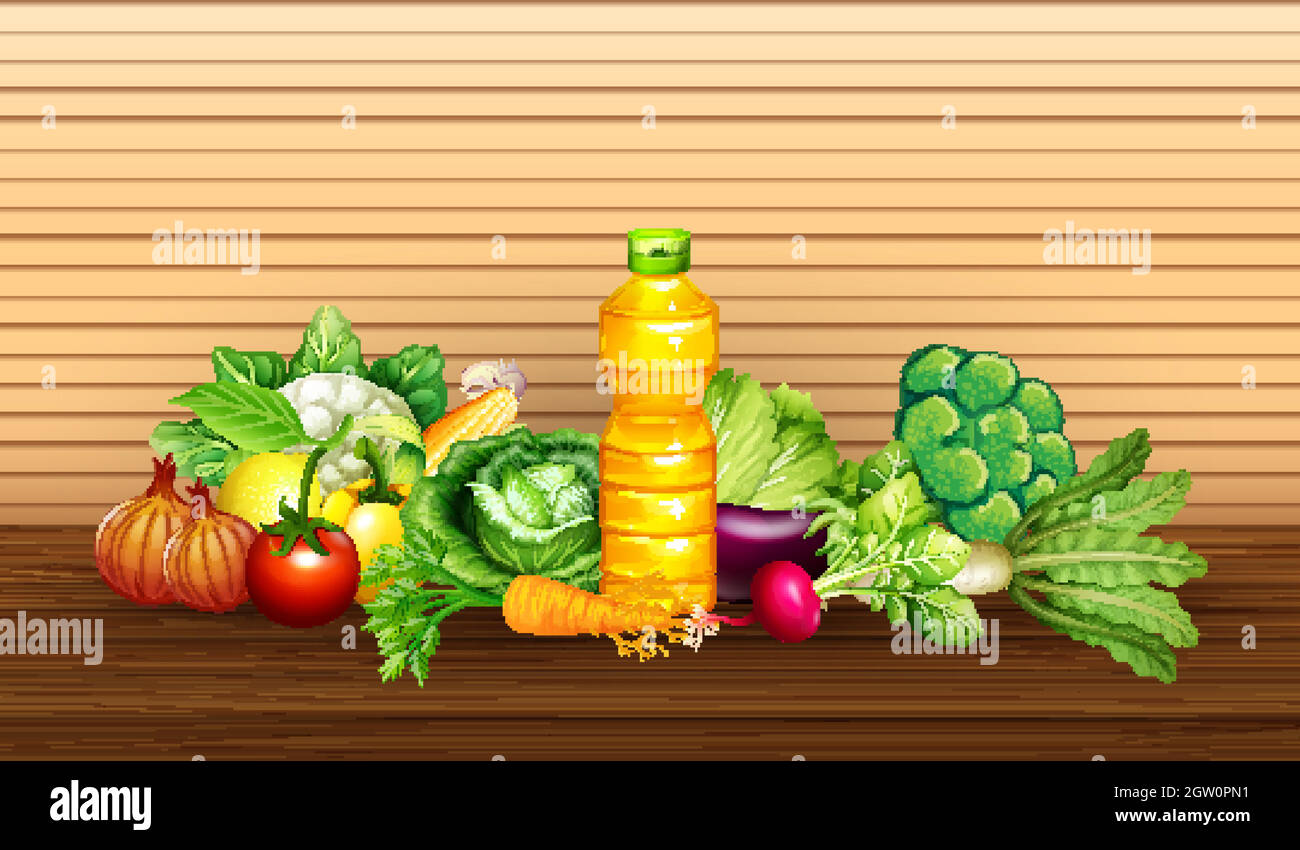 Group of diffrent vegetables and bottle of oil on wooden wall background Stock Vector