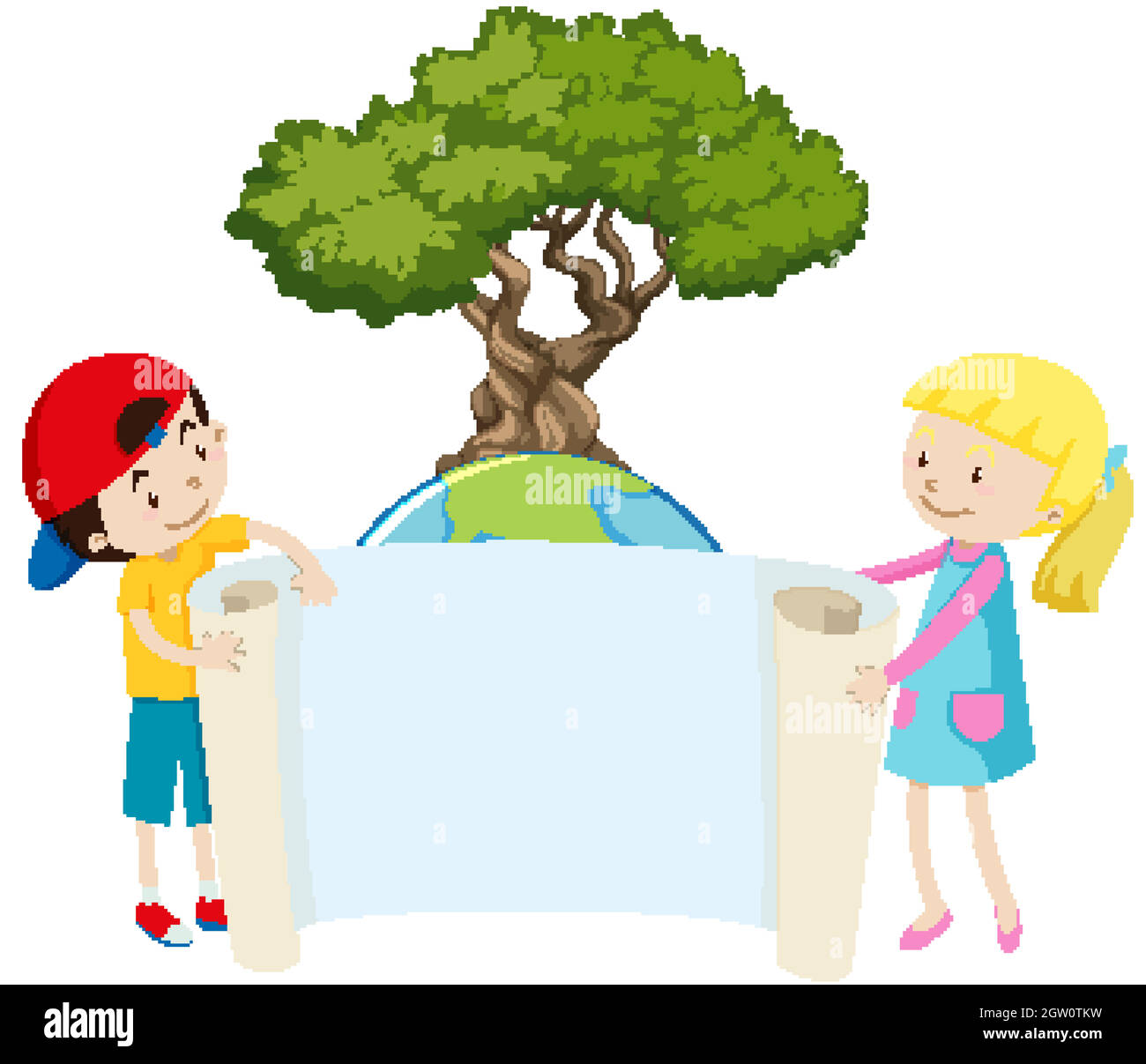 Banner template with two happy kids and big tree Stock Vector Image