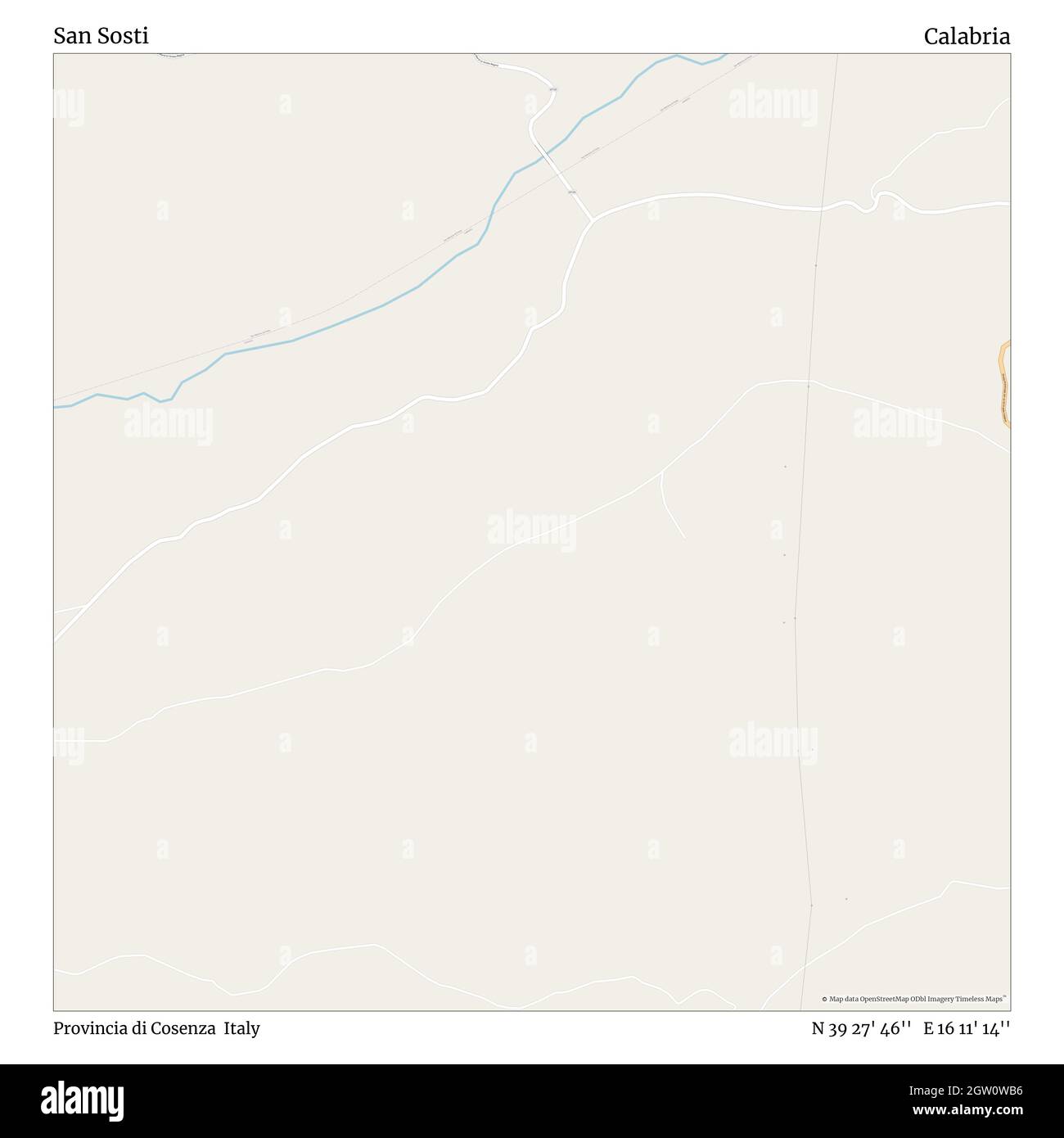 San Sosti, Provincia di Cosenza, Italy, Calabria, N 39 27' 46'', E 16 11' 14'', map, Timeless Map published in 2021. Travelers, explorers and adventurers like Florence Nightingale, David Livingstone, Ernest Shackleton, Lewis and Clark and Sherlock Holmes relied on maps to plan travels to the world's most remote corners, Timeless Maps is mapping most locations on the globe, showing the achievement of great dreams Stock Photo