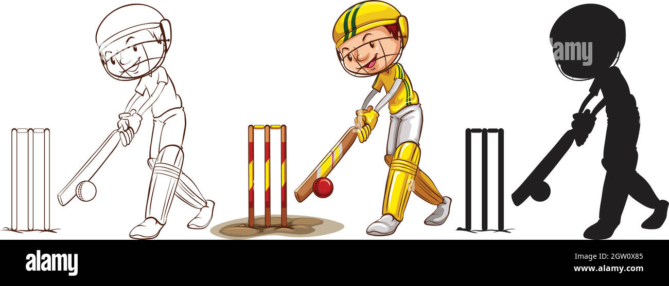 Sketches of a boy playing cricket in different colors Stock Vector