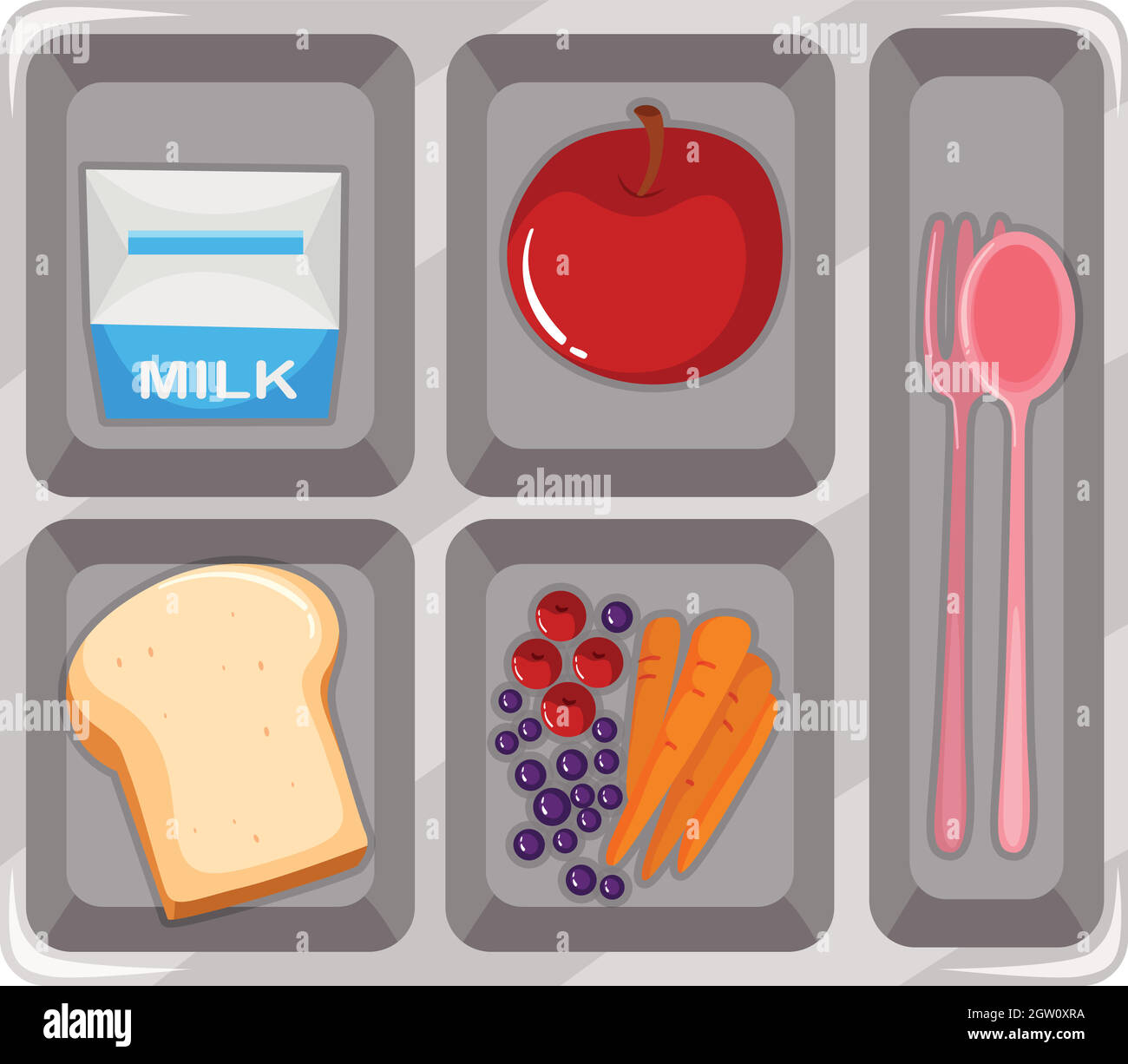 Canteen food with fruit and milk Stock Vector