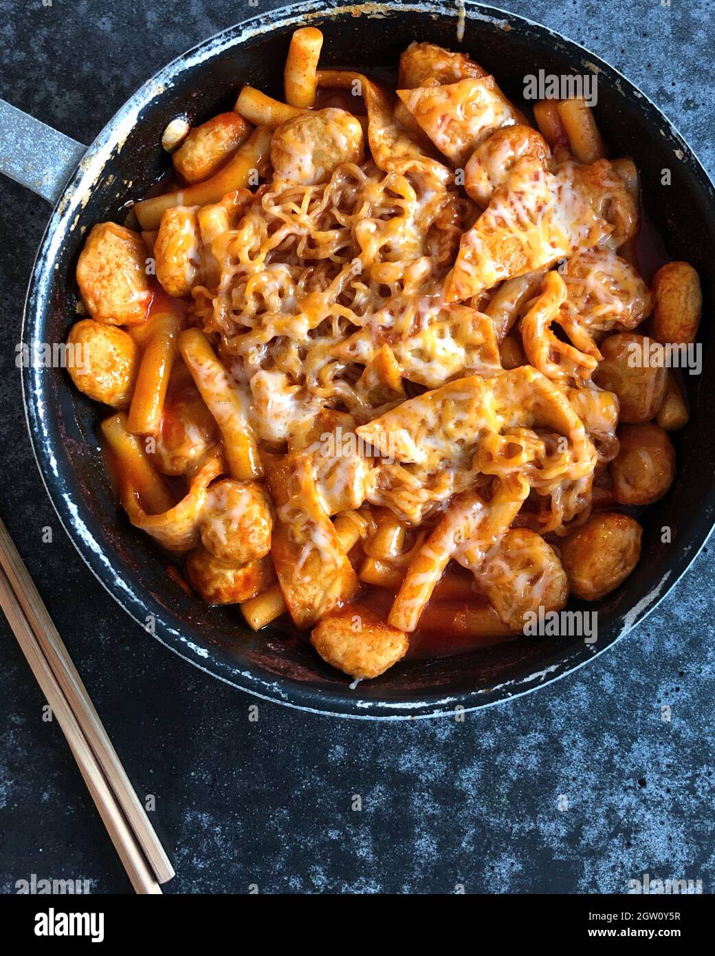 High Angle View Of Tteokbokki In Frying Pan. Korean Street Food Stock