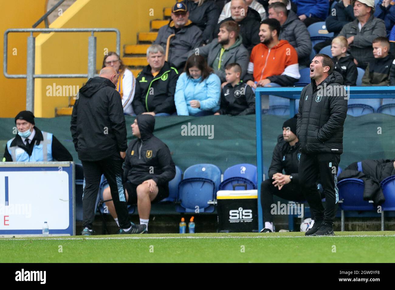 MANSFIELD, UK. Mansfield Town manager Nigel Clough during the Sky Bet League 2 match between Mansfield Town and Barrow at the One Call Stadium, Mansfield on Saturday 2nd October 2021. (Credit: Mark Fletcher | MI News) Credit: MI News & Sport /Alamy Live News Stock Photo