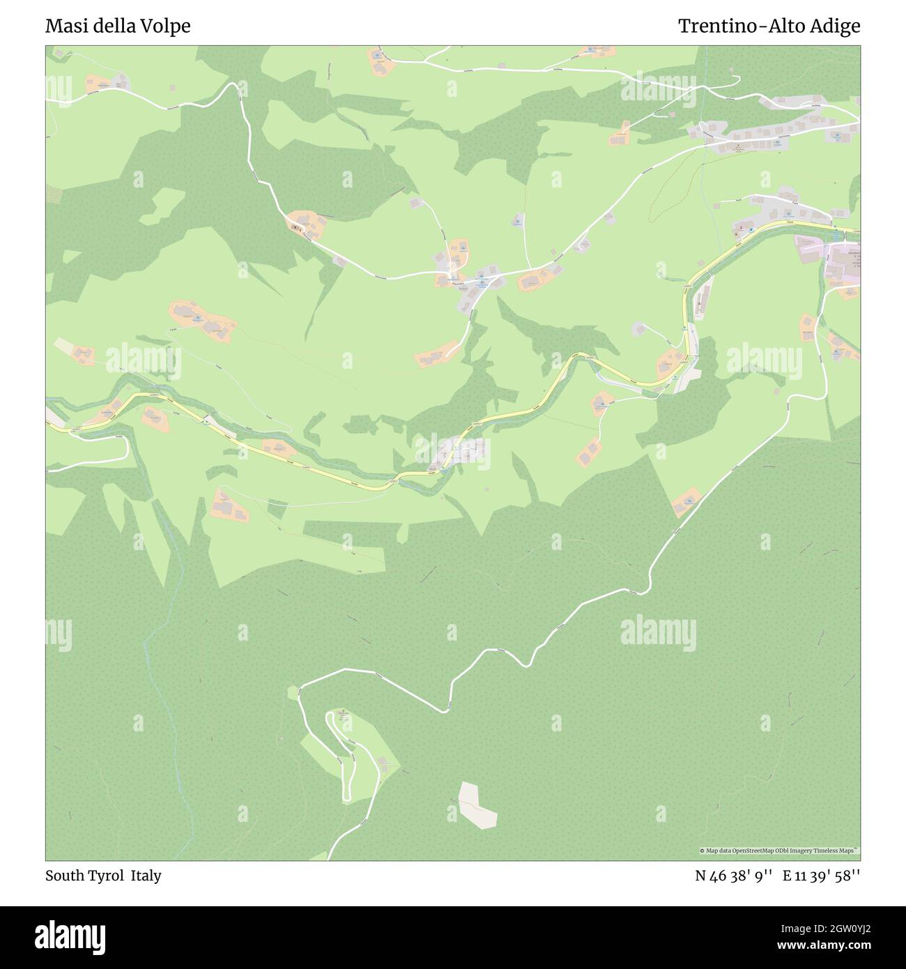 Masi della Volpe, South Tyrol, Italy, Trentino-Alto Adige, N 46 38' 9'', E 11 39' 58'', map, Timeless Map published in 2021. Travelers, explorers and adventurers like Florence Nightingale, David Livingstone, Ernest Shackleton, Lewis and Clark and Sherlock Holmes relied on maps to plan travels to the world's most remote corners, Timeless Maps is mapping most locations on the globe, showing the achievement of great dreams Stock Photo