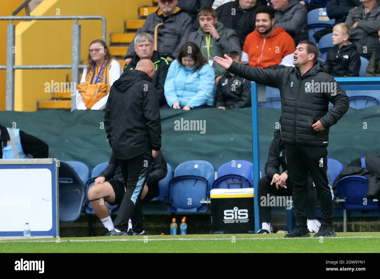 MANSFIELD, UK. Mansfield Town manager Nigel Clough during the Sky Bet League 2 match between Mansfield Town and Barrow at the One Call Stadium, Mansfield on Saturday 2nd October 2021. (Credit: Mark Fletcher | MI News) Credit: MI News & Sport /Alamy Live News Stock Photo
