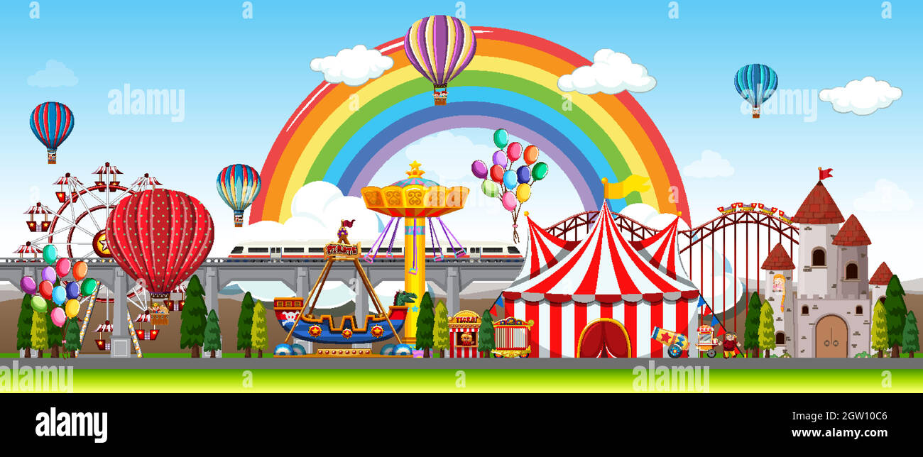 Amusement park scene at daytime with balloons and rainbow in the sky ...