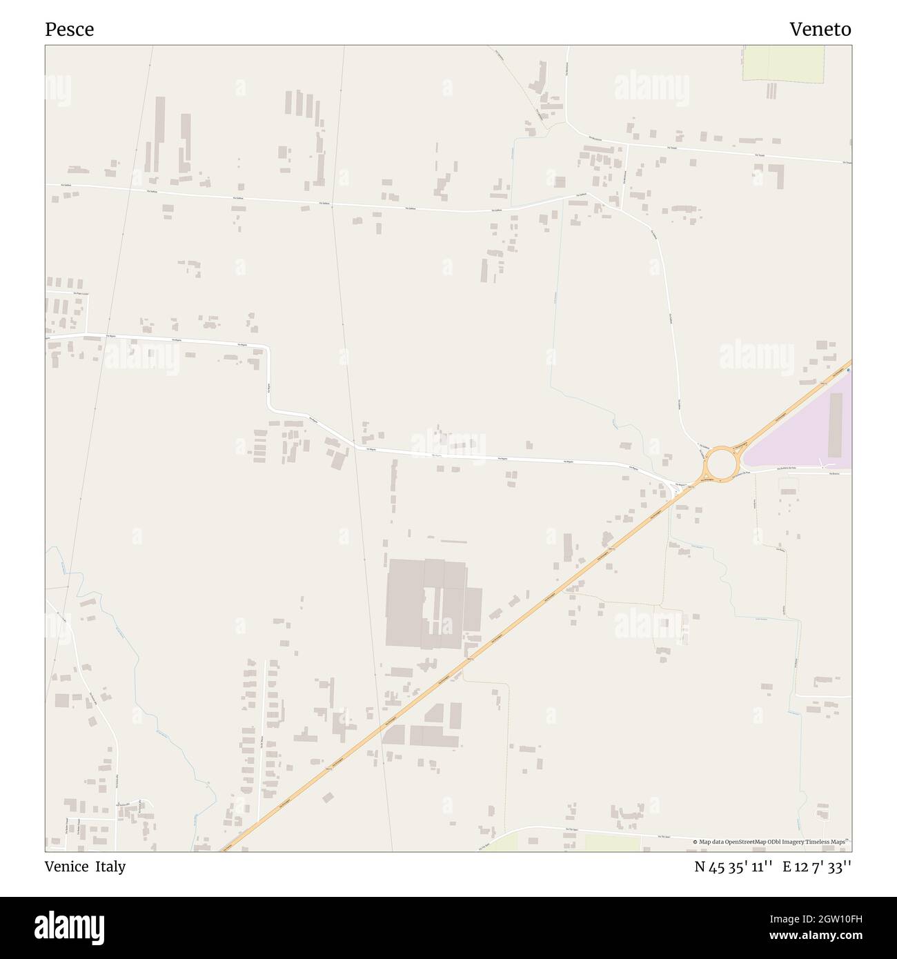 Pesce, Venice, Italy, Veneto, N 45 35' 11'', E 12 7' 33'', map, Timeless Map published in 2021. Travelers, explorers and adventurers like Florence Nightingale, David Livingstone, Ernest Shackleton, Lewis and Clark and Sherlock Holmes relied on maps to plan travels to the world's most remote corners, Timeless Maps is mapping most locations on the globe, showing the achievement of great dreams Stock Photo