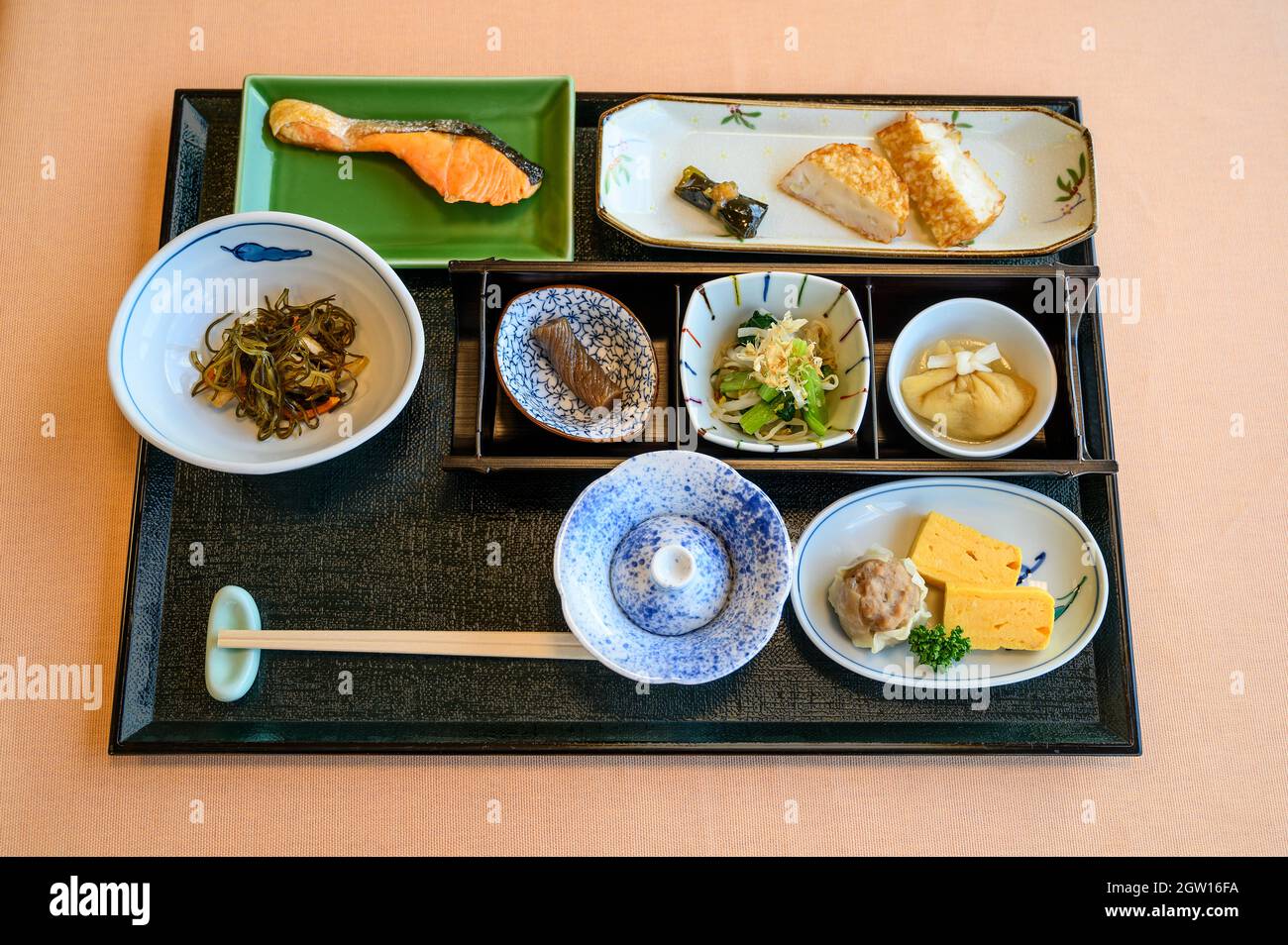 High Angle View Of Japanese Food Served On Table Stock Photo